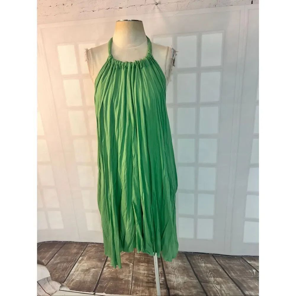 Elan Green Halter Neck Open Back Pleated Sleeveless Beach Dress Size Large